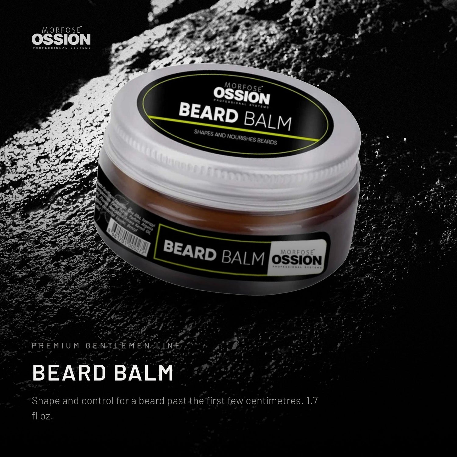 Ossion Beard Balm tin on wet black stone, lit from one side