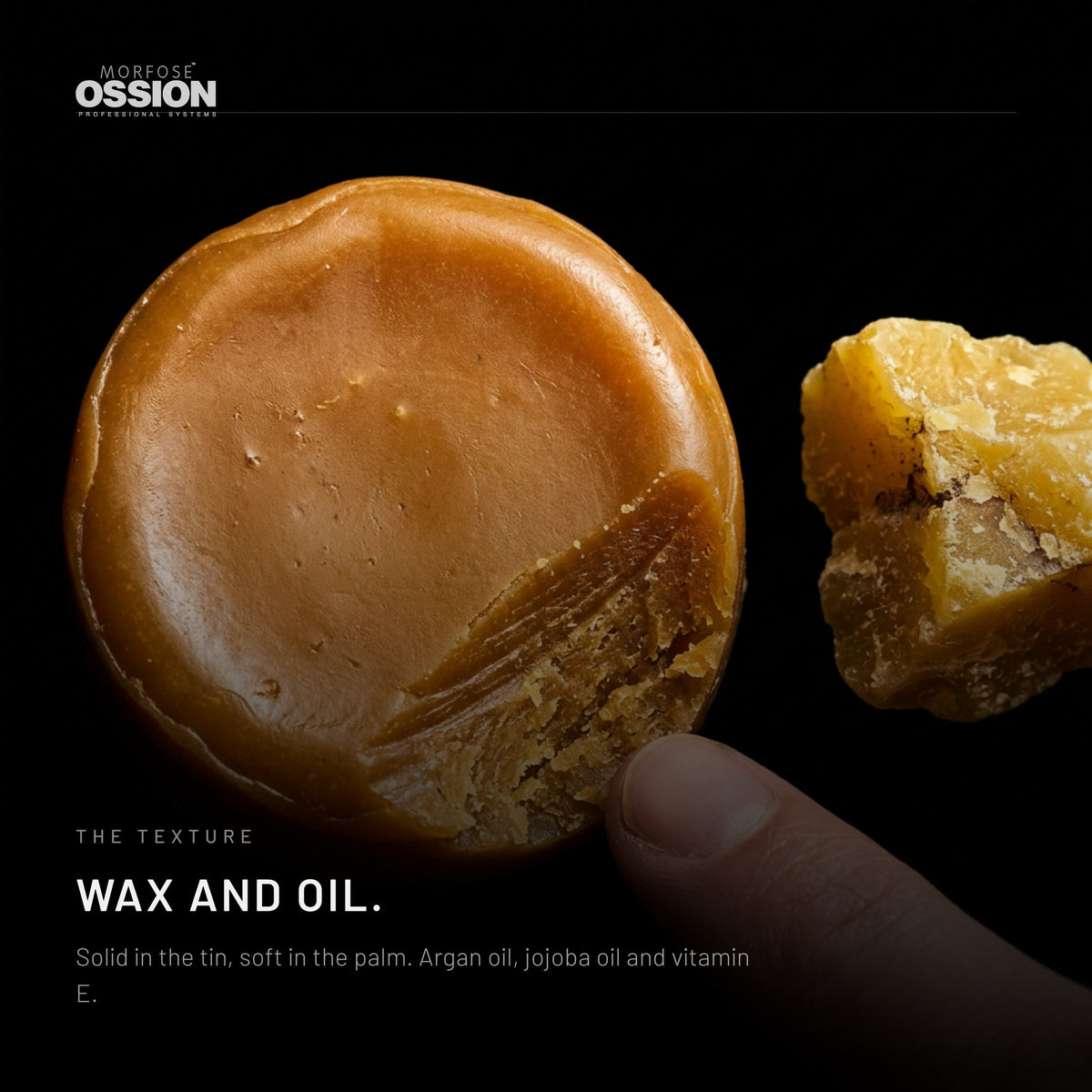 Ossion Beard Balm: the amber balm and a piece of beeswax on black