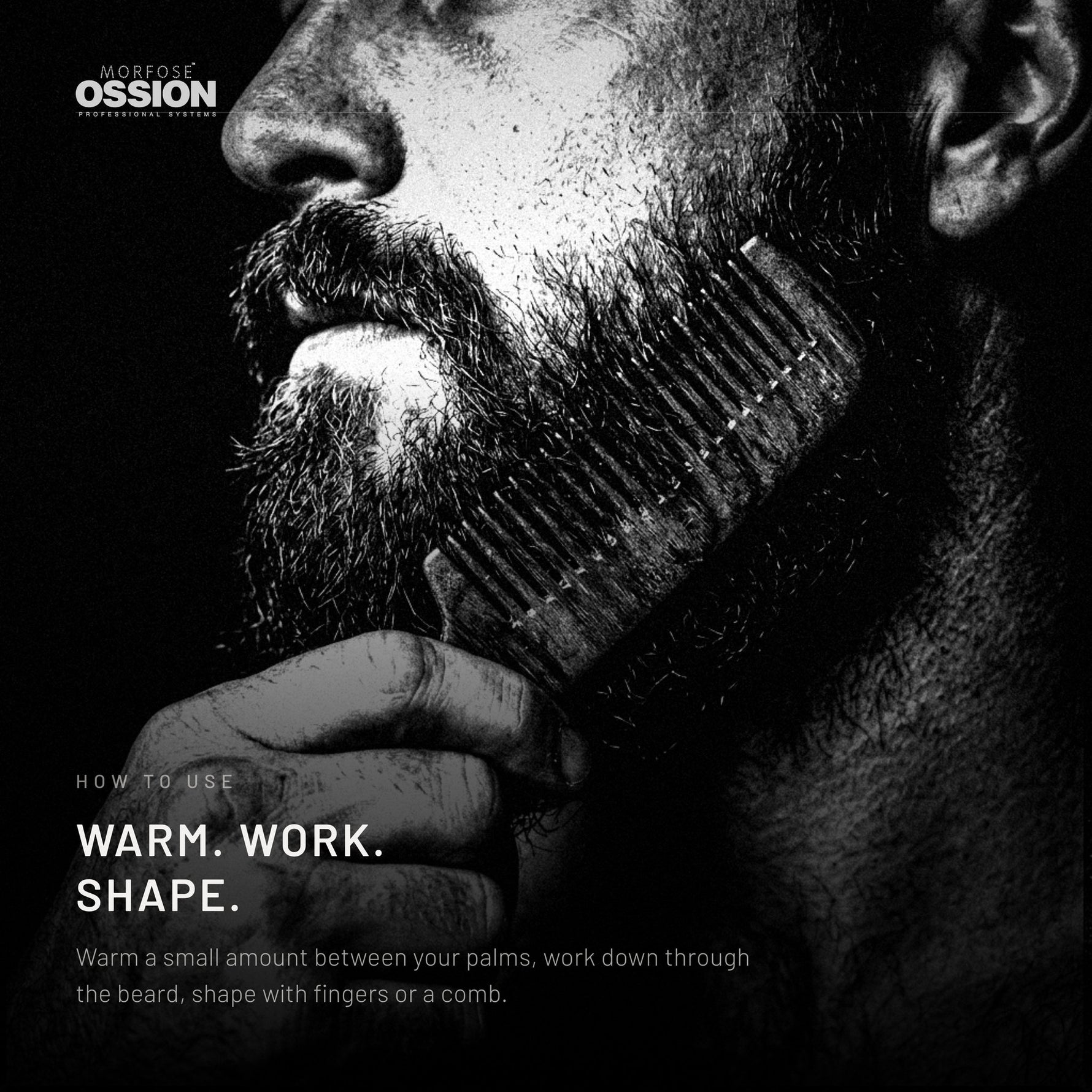 A comb drawn down through a beard shaped with Ossion Beard Balm