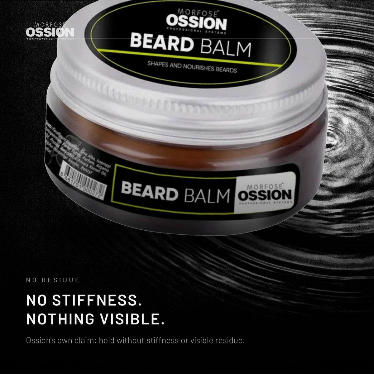 Ossion Beard Balm tin resting on rippling water