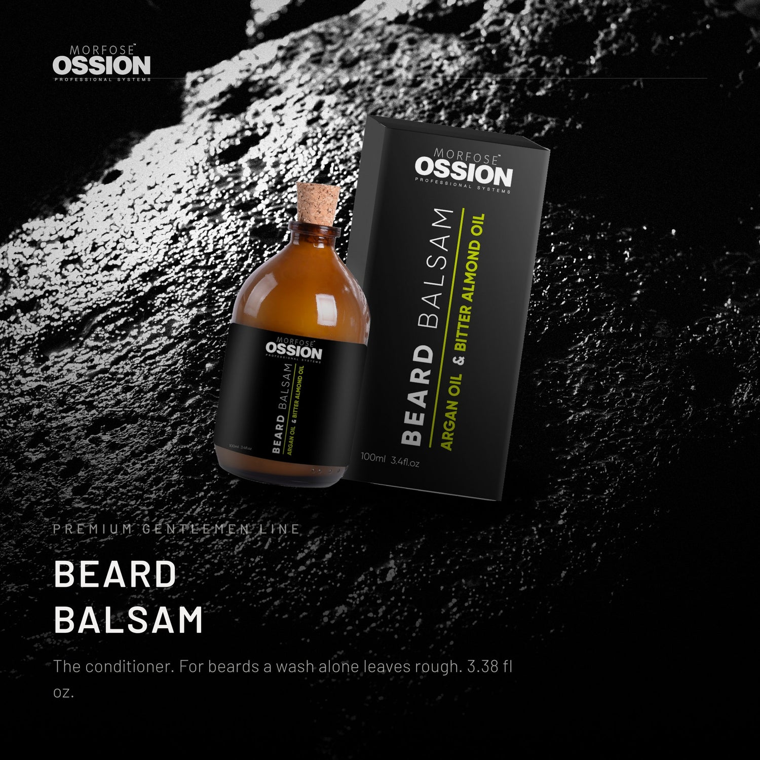 Ossion Beard Balsam bottle on wet black stone, lit from one side