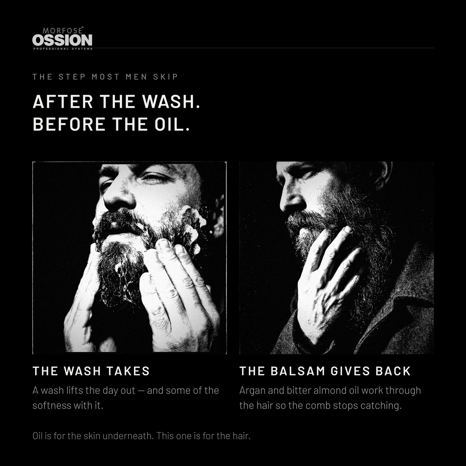 Ossion Beard Balsam goes on after the wash and before the oil