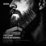 A comb moving through a beard conditioned with Ossion Beard Balsam