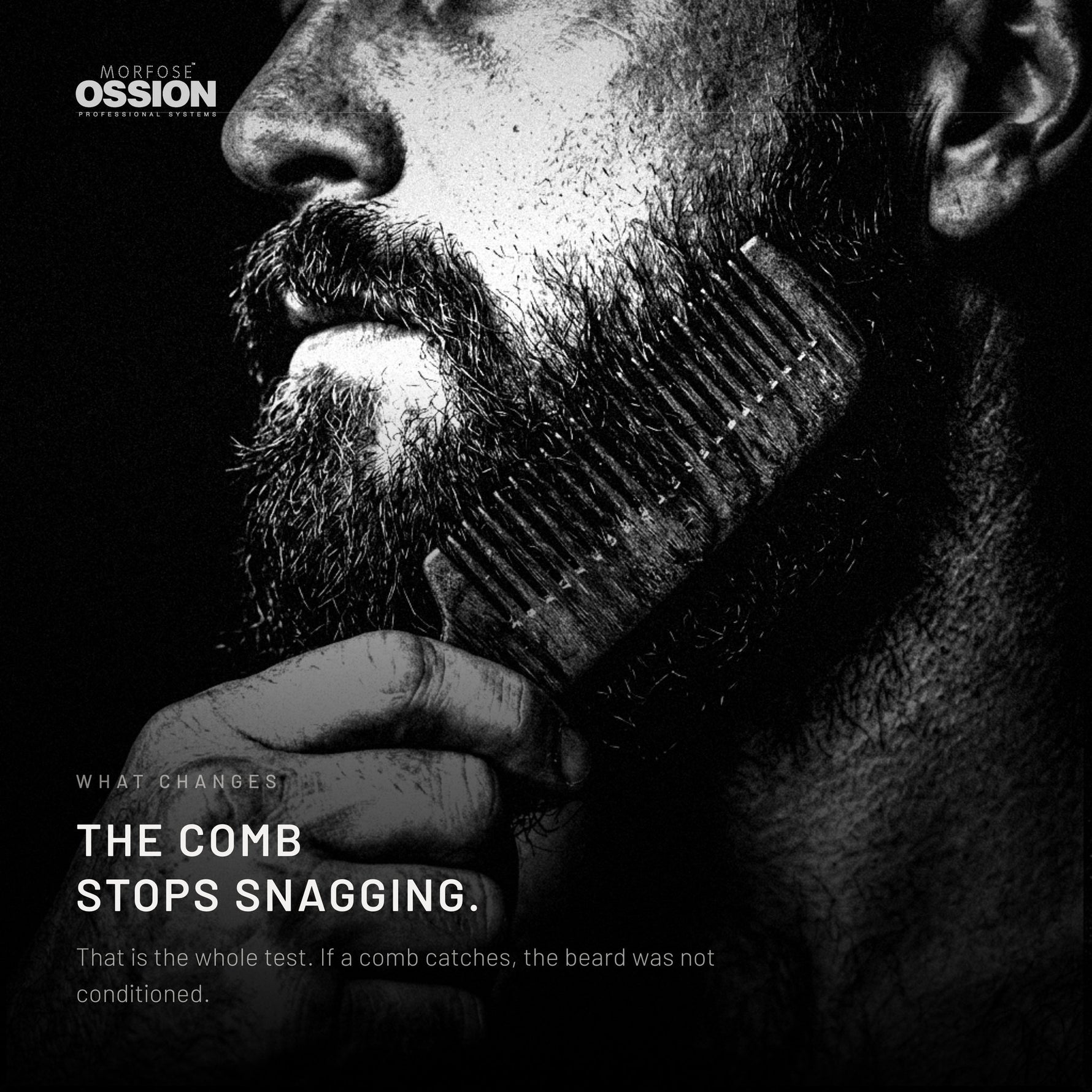 A comb moving through a beard conditioned with Ossion Beard Balsam