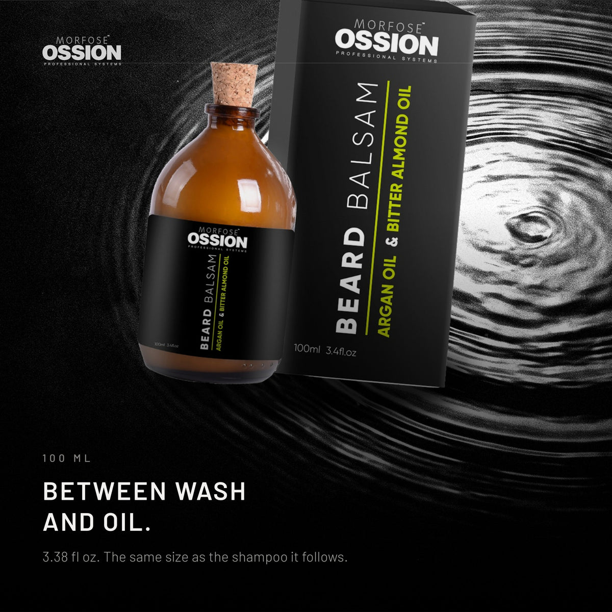 Ossion Beard Balsam bottle resting on rippling water