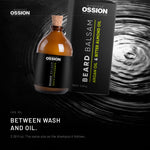 Ossion Beard Balsam bottle resting on rippling water