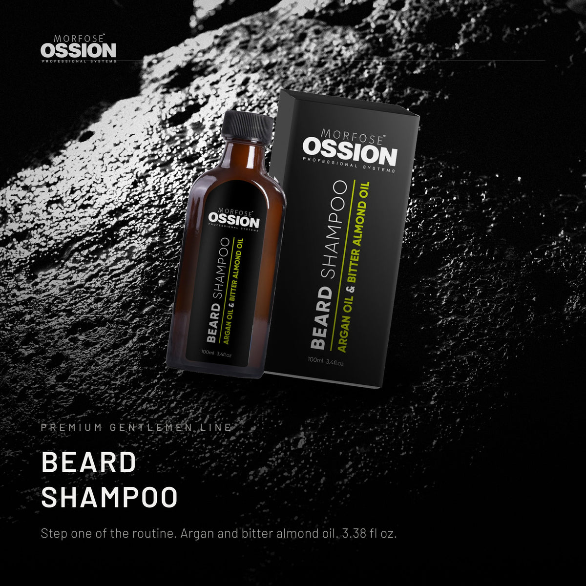 Ossion Beard Shampoo bottle on wet black stone, lit from one side