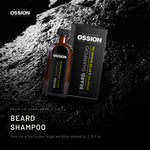 Ossion Beard Shampoo bottle on wet black stone, lit from one side