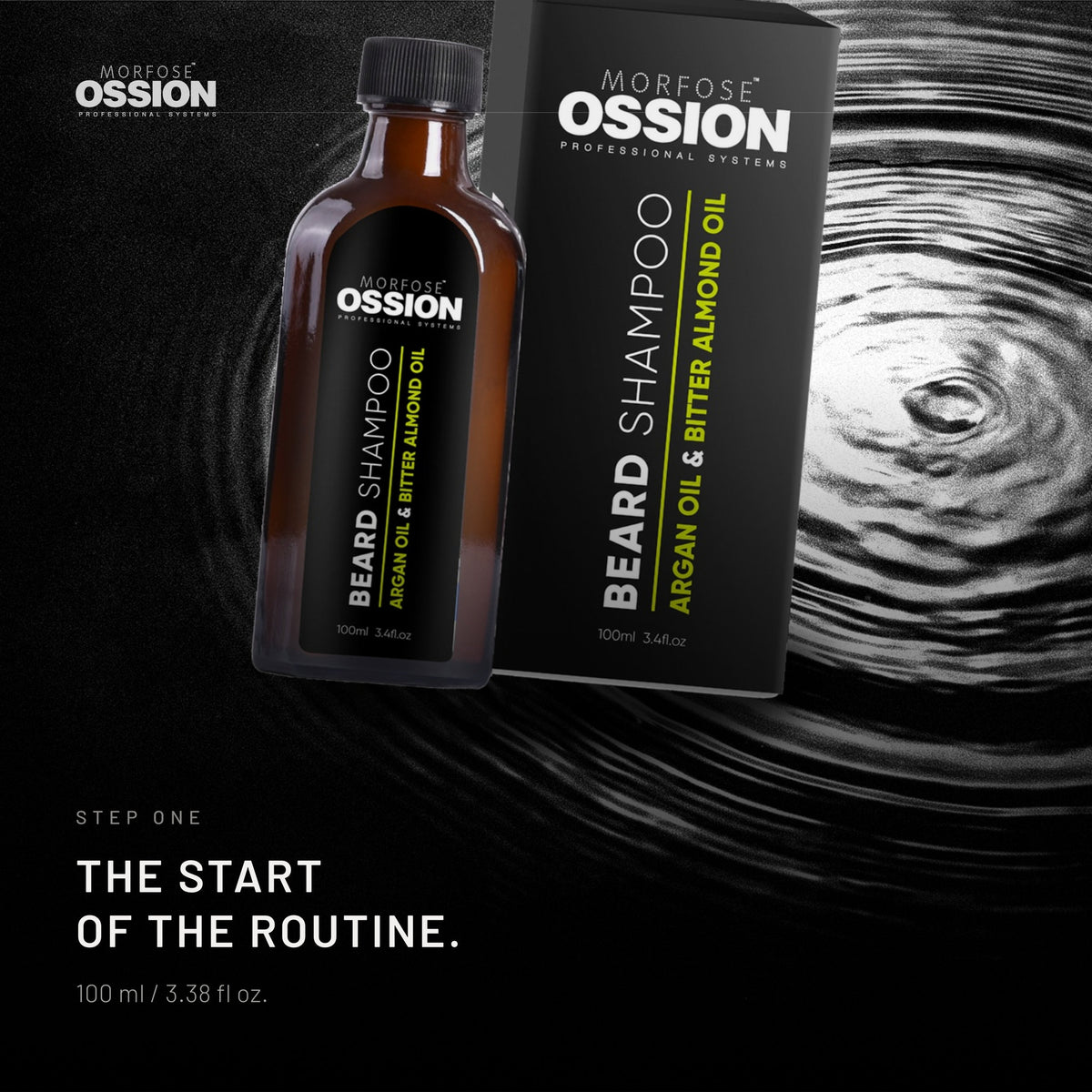Ossion Beard Shampoo bottle resting on rippling water