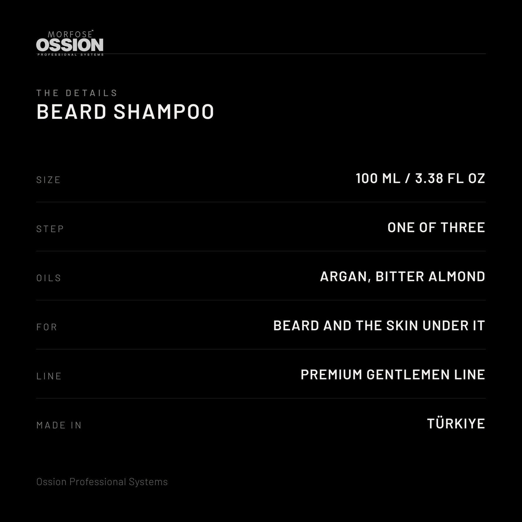 Ossion Beard Shampoo: size, step, oils and country of origin