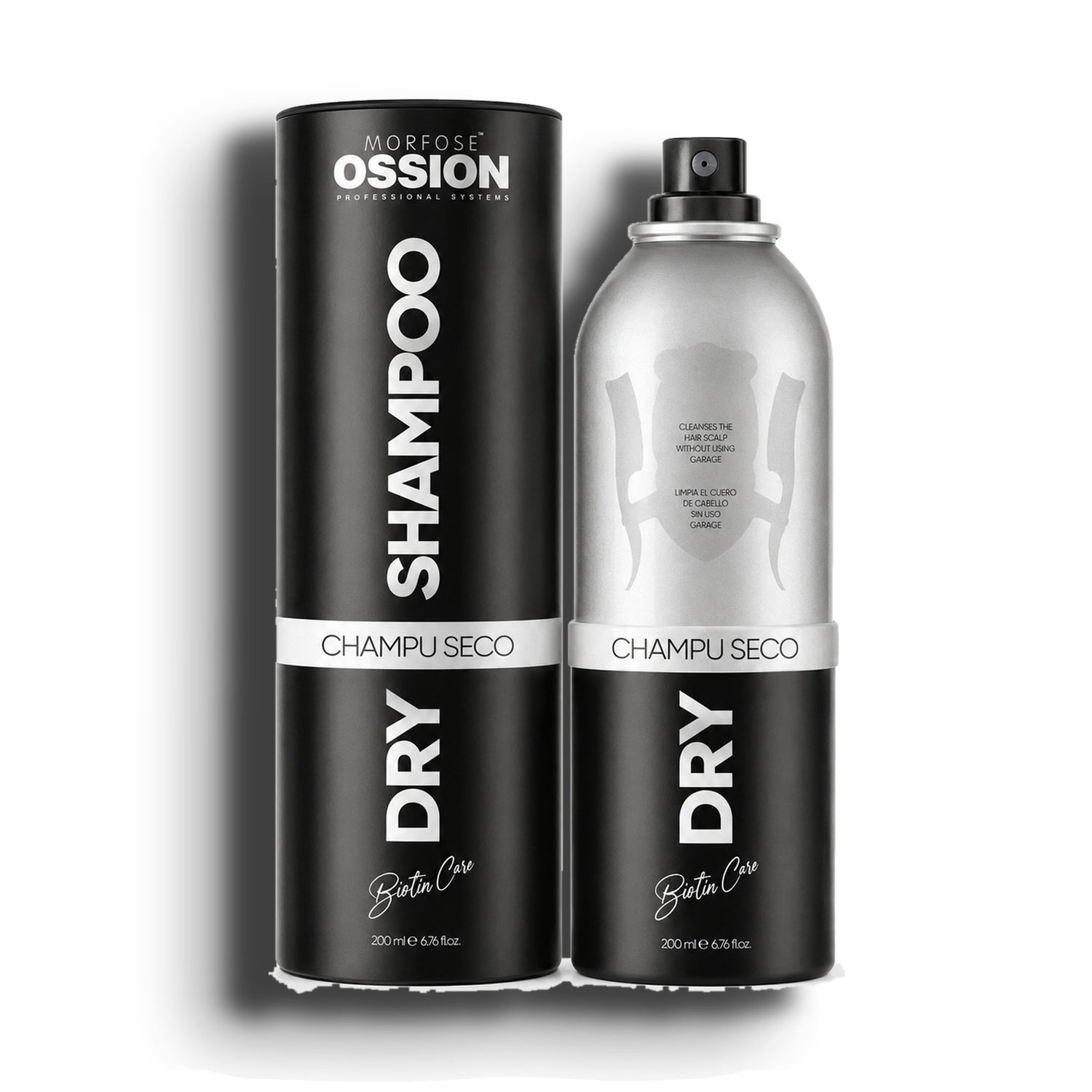 Ossion Dry Shampoo can with its box, 200 ml, on a white background