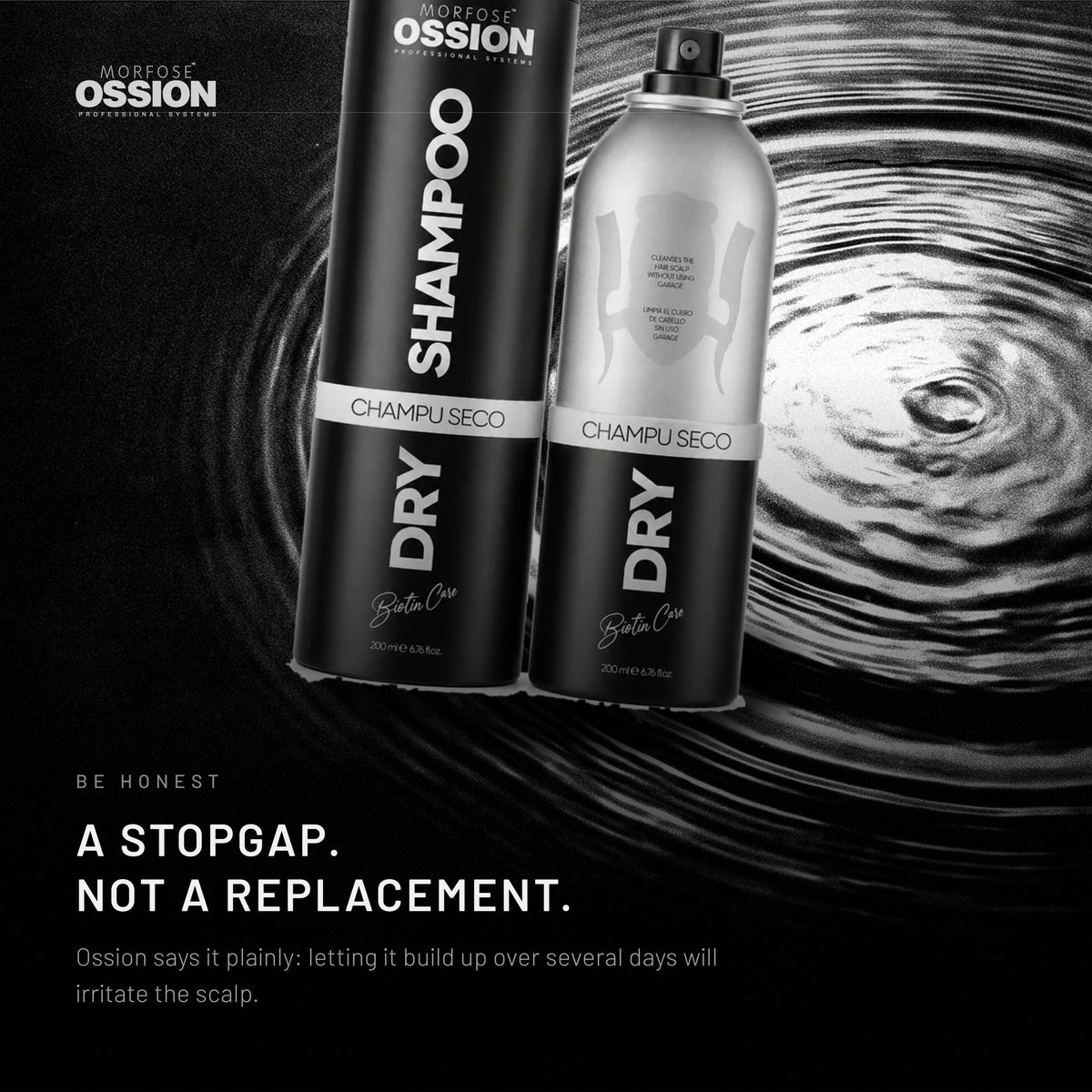 Ossion Dry Shampoo can resting on rippling water