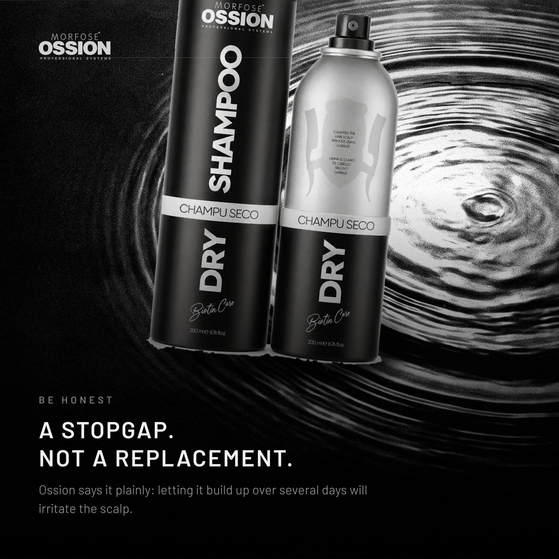 Ossion Dry Shampoo can resting on rippling water