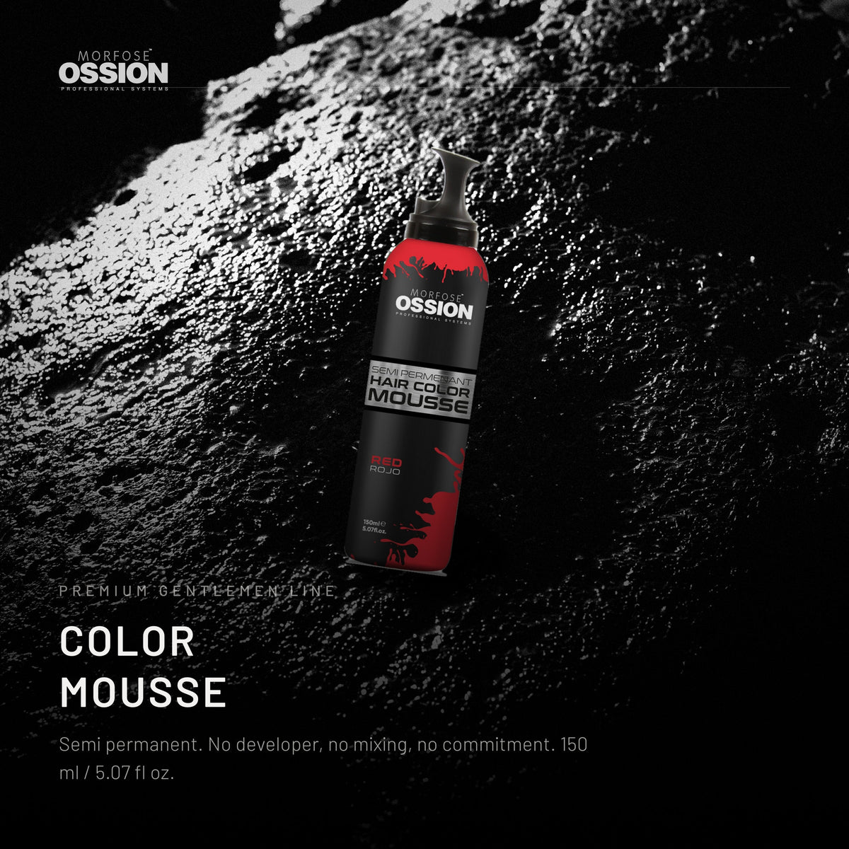 Ossion Color Mousse can on wet black stone, lit from one side