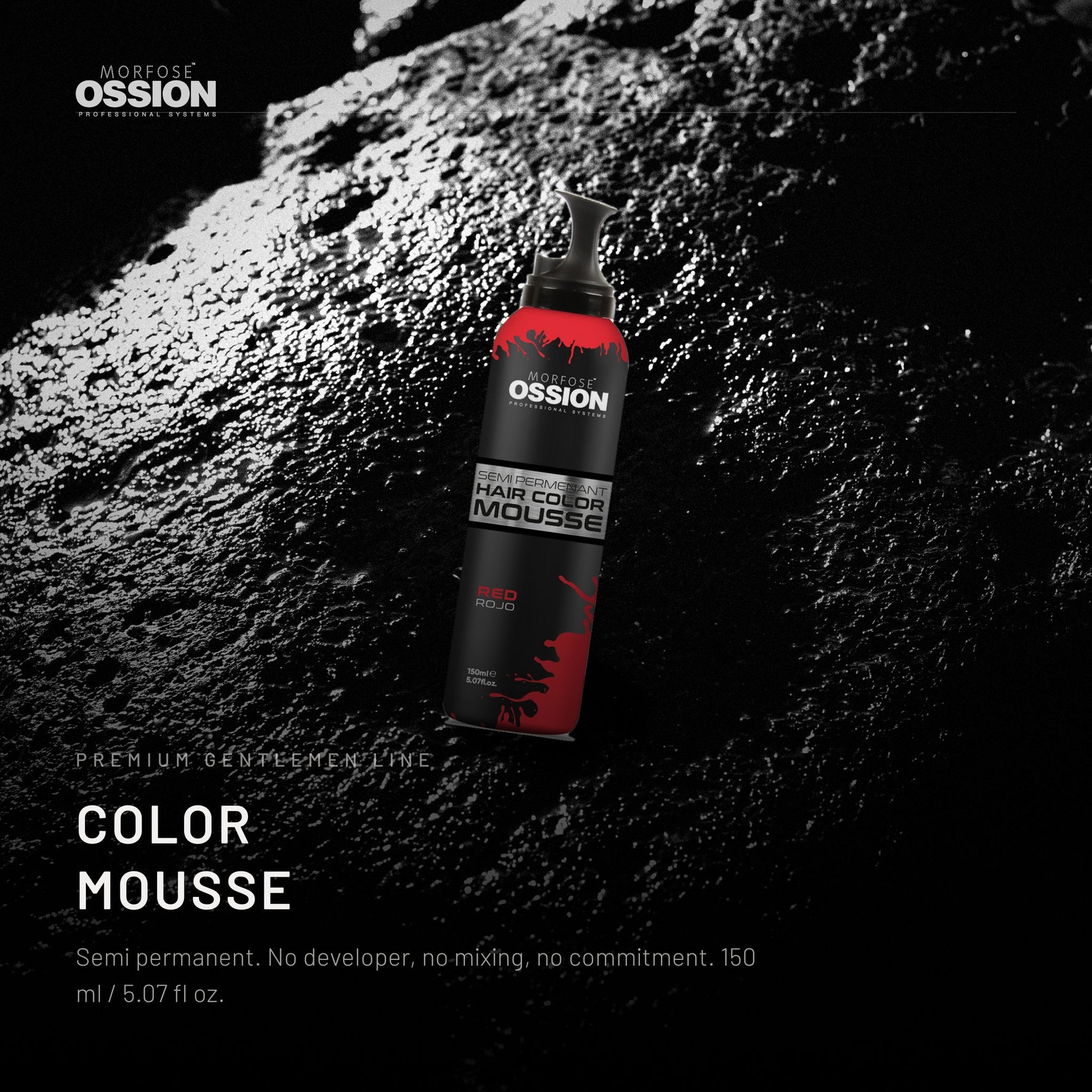 Ossion Color Mousse can on wet black stone, lit from one side