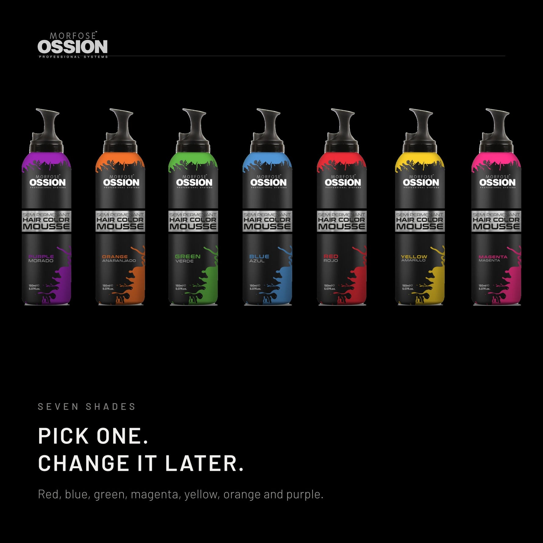 The seven Ossion Color Mousse shades side by side