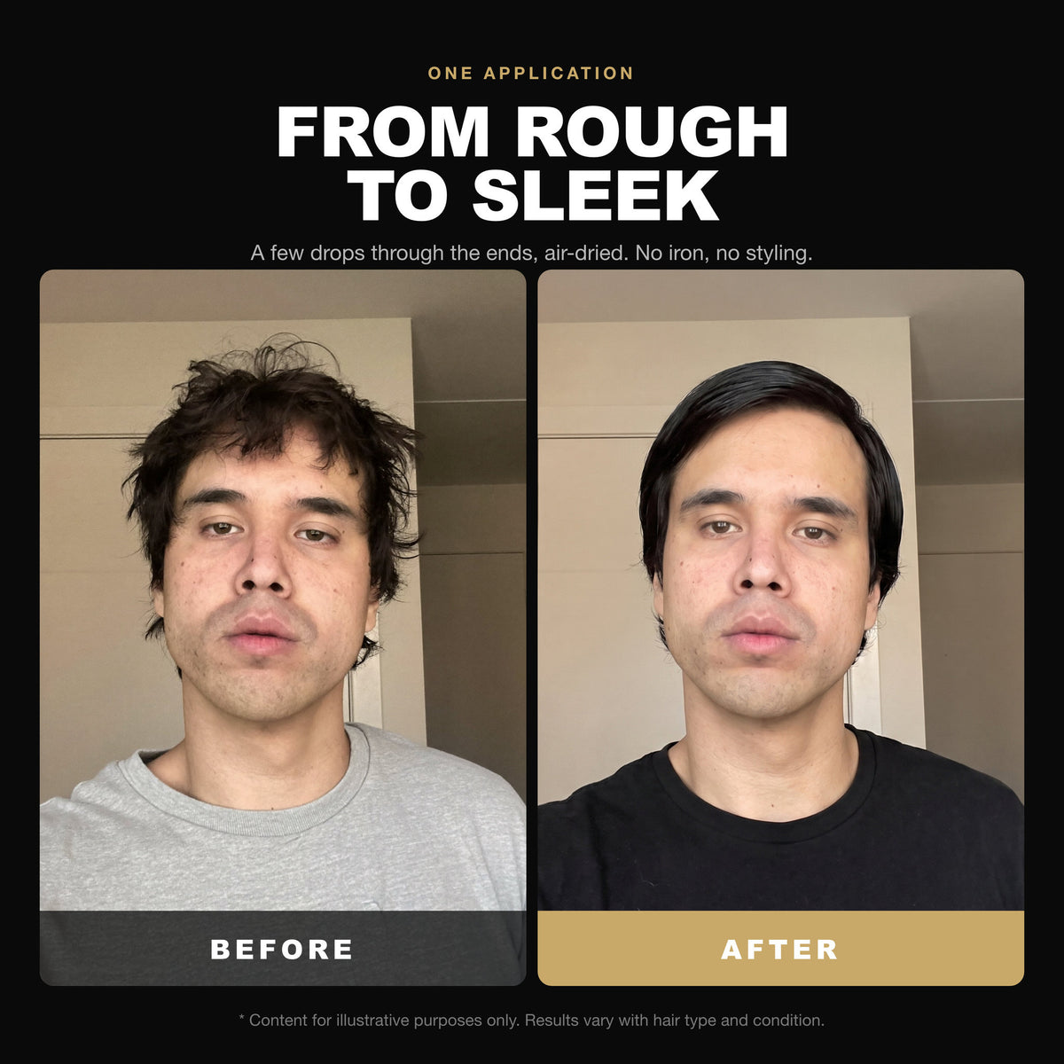 Morfose Hair Serum Keratin Black before and after: hair before styling and the finished look