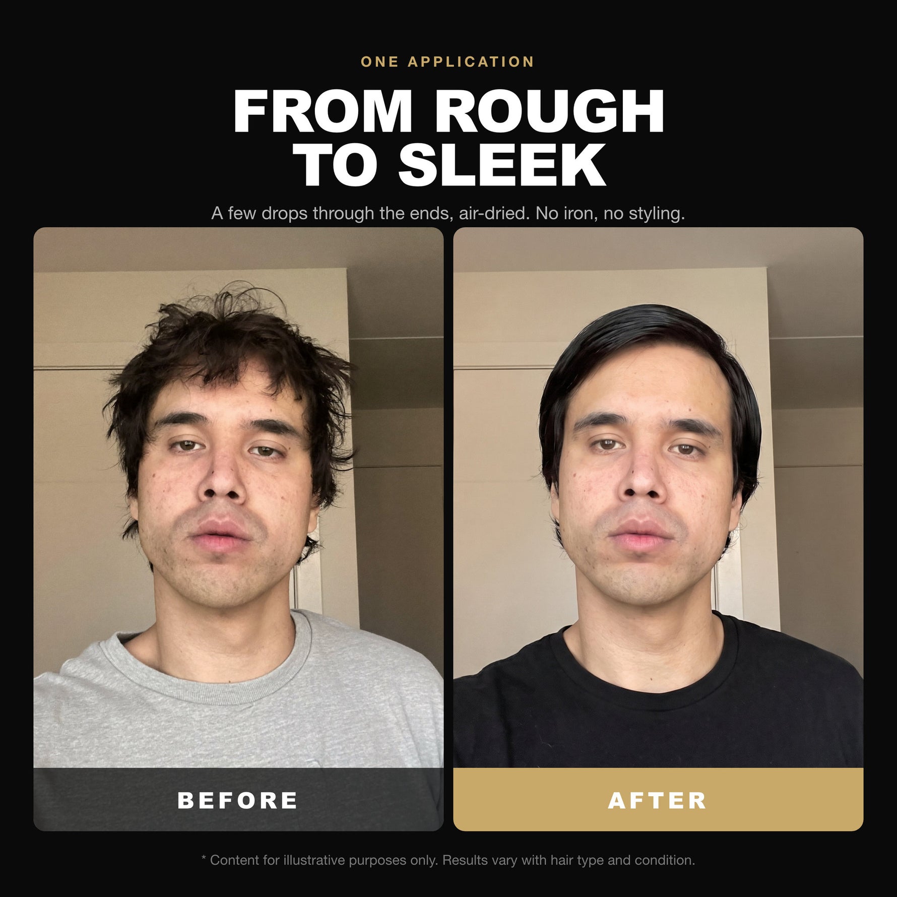 Morfose Hair Serum Keratin Black before and after: hair before styling and the finished look