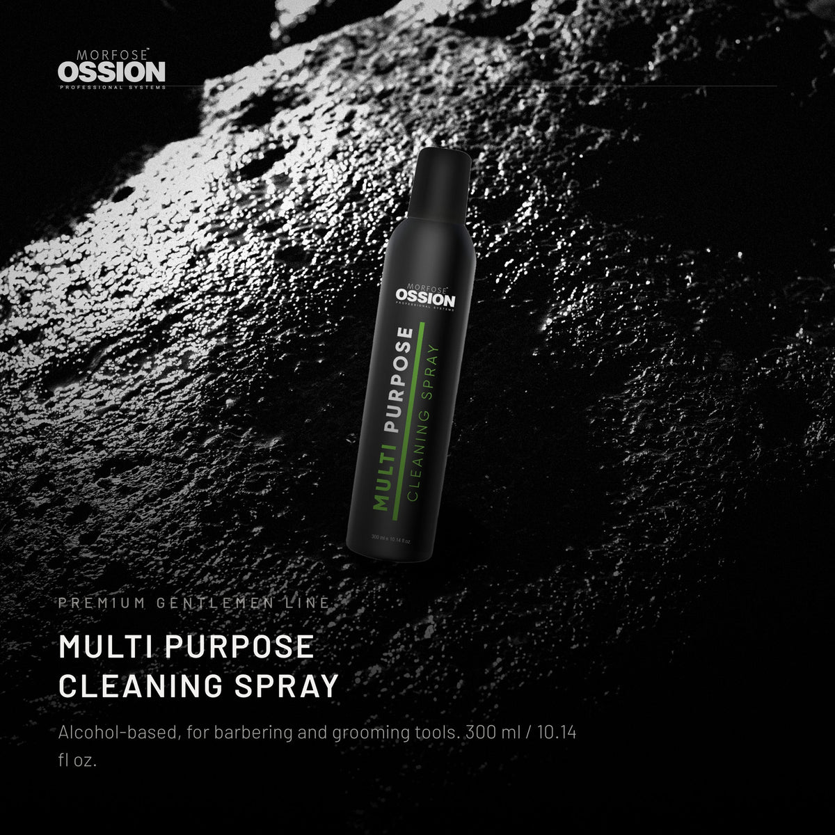 Ossion Cleaning Spray can on wet black stone, lit from one side