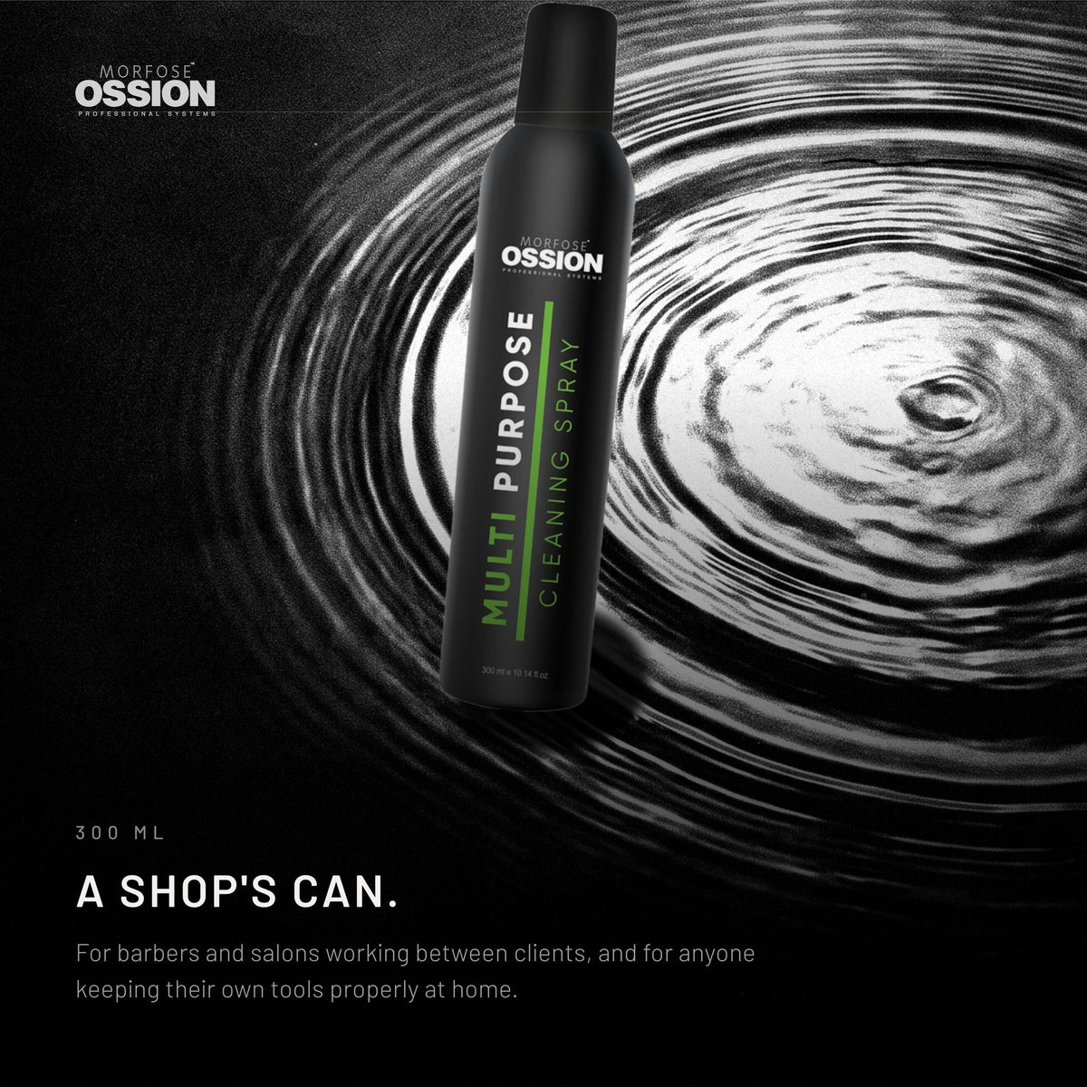 Ossion Cleaning Spray can resting on rippling water