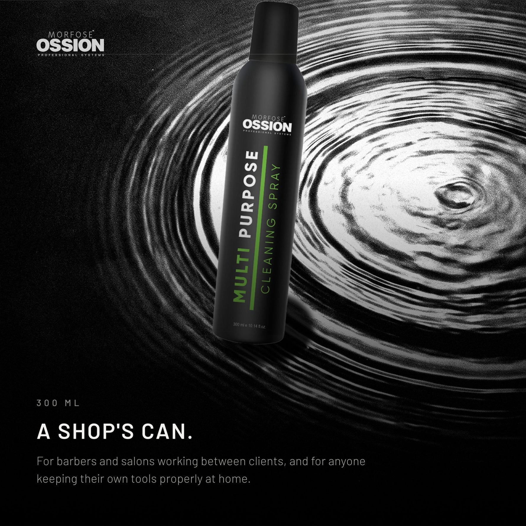 Ossion Cleaning Spray can resting on rippling water
