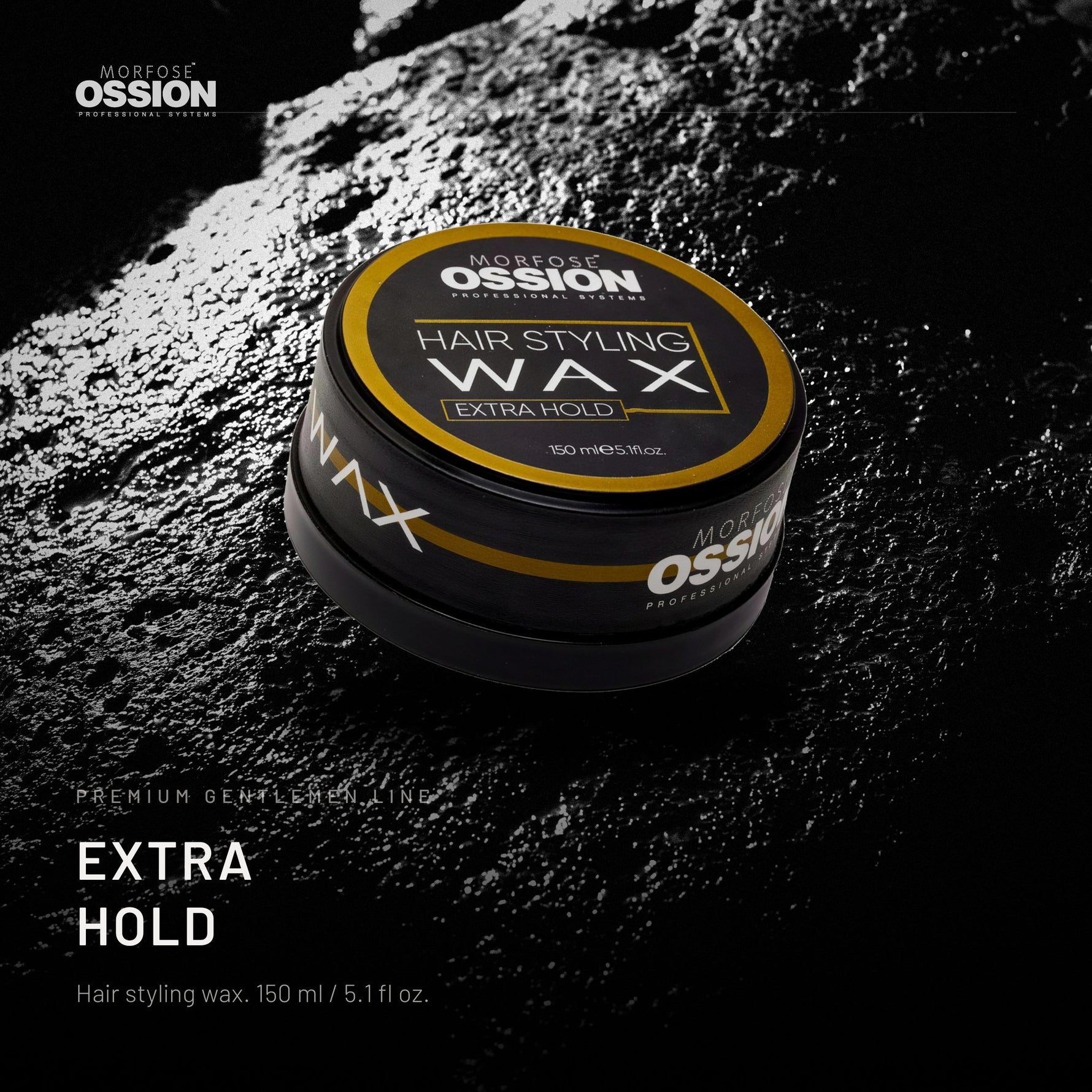 Ossion Extra Hold Wax tin on wet black stone, lit from one side