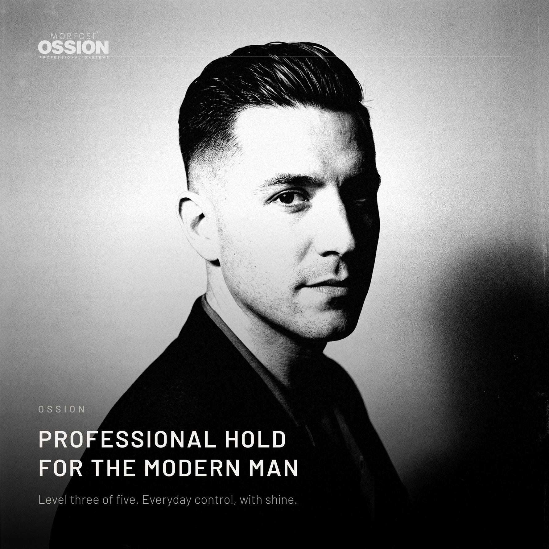 Man with the slicked-back look Ossion Extra Hold Wax holds