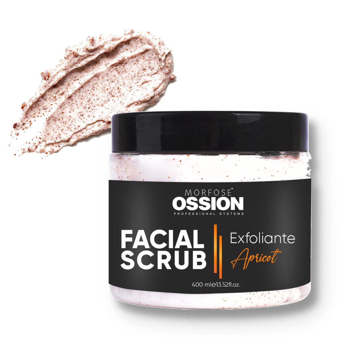 Ossion Apricot Face Scrub tub, 400 ml, on a white background