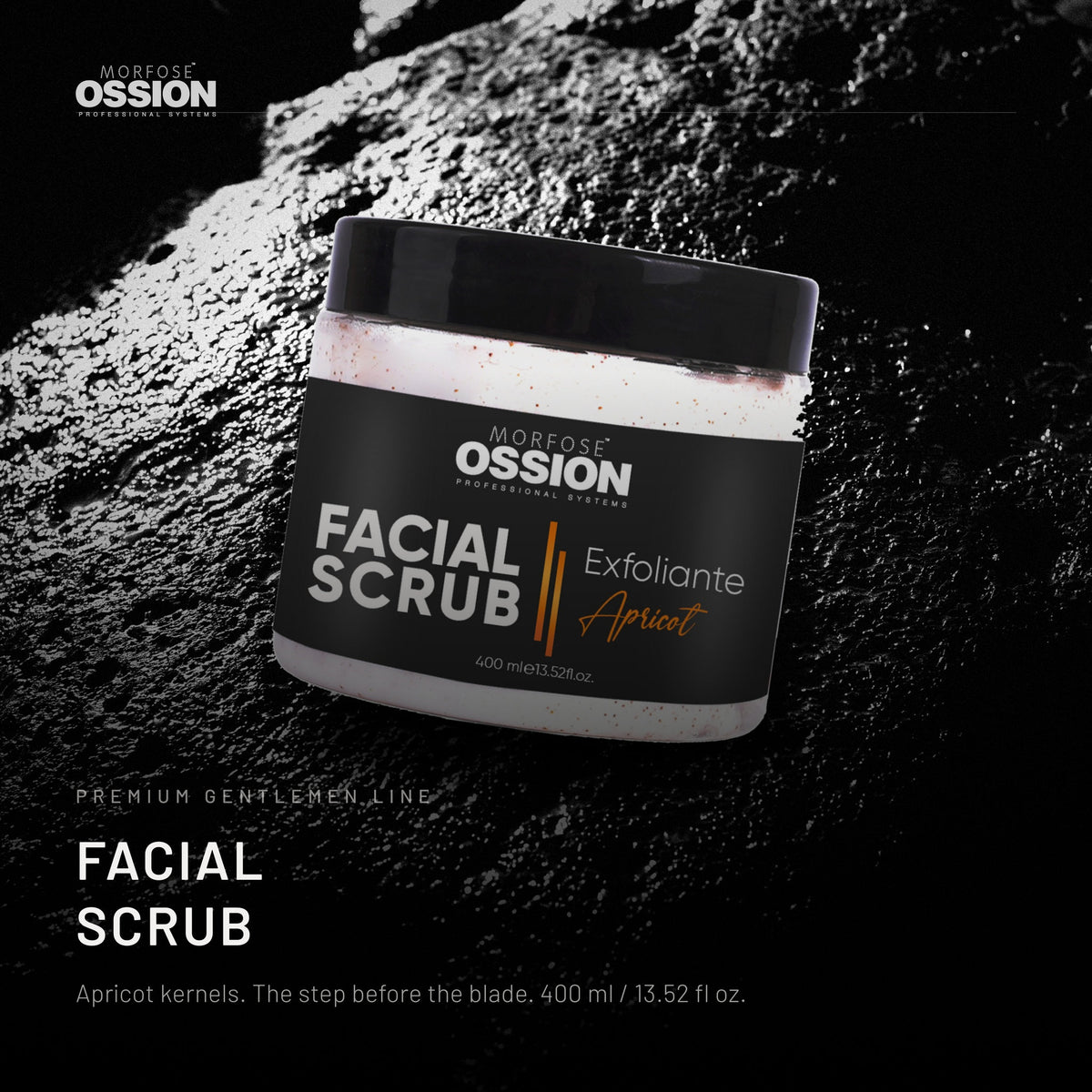 Ossion Face Scrub tub on wet black stone, lit from one side