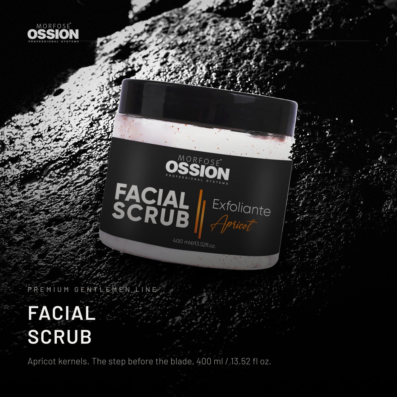 Ossion Face Scrub tub on wet black stone, lit from one side