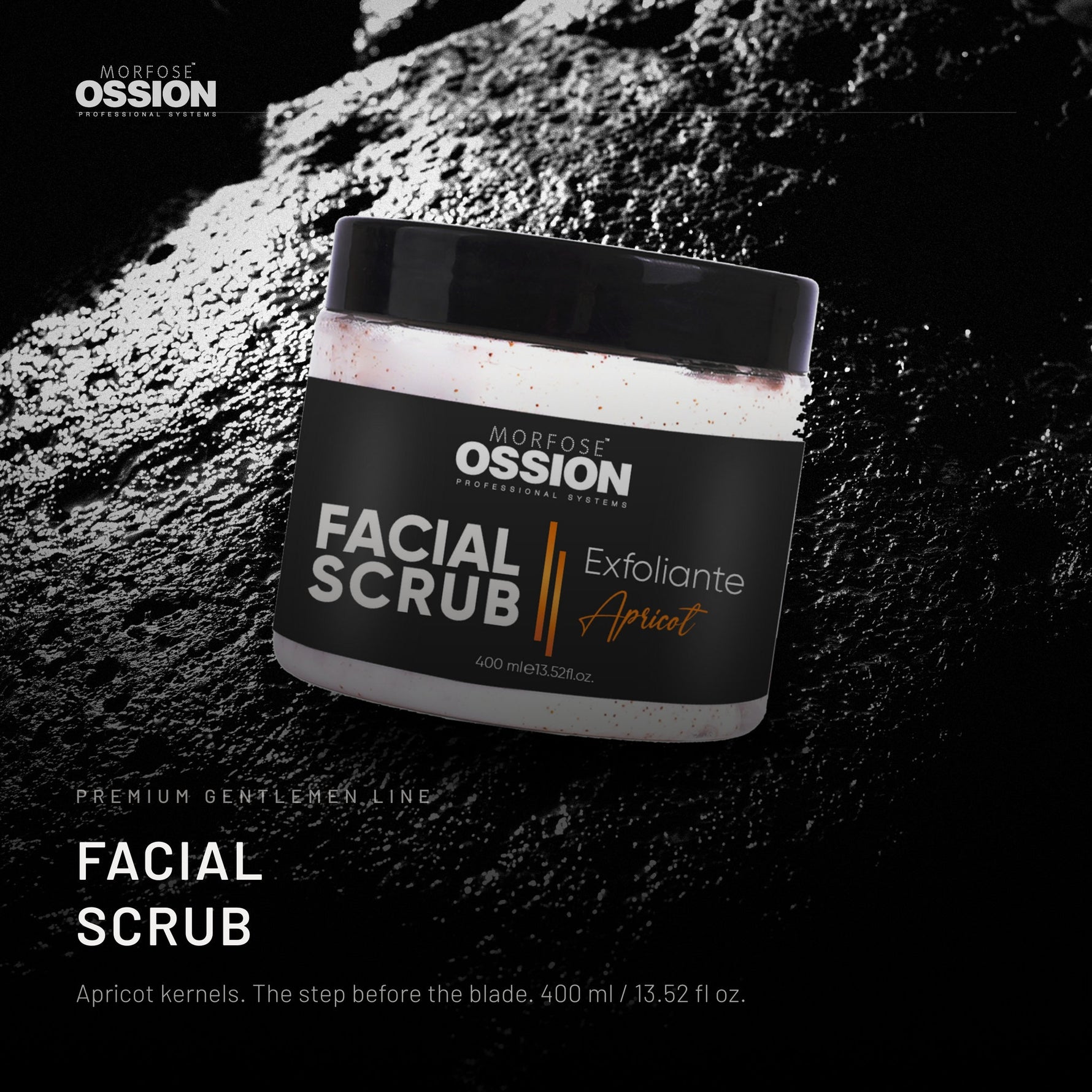 Ossion Face Scrub tub on wet black stone, lit from one side