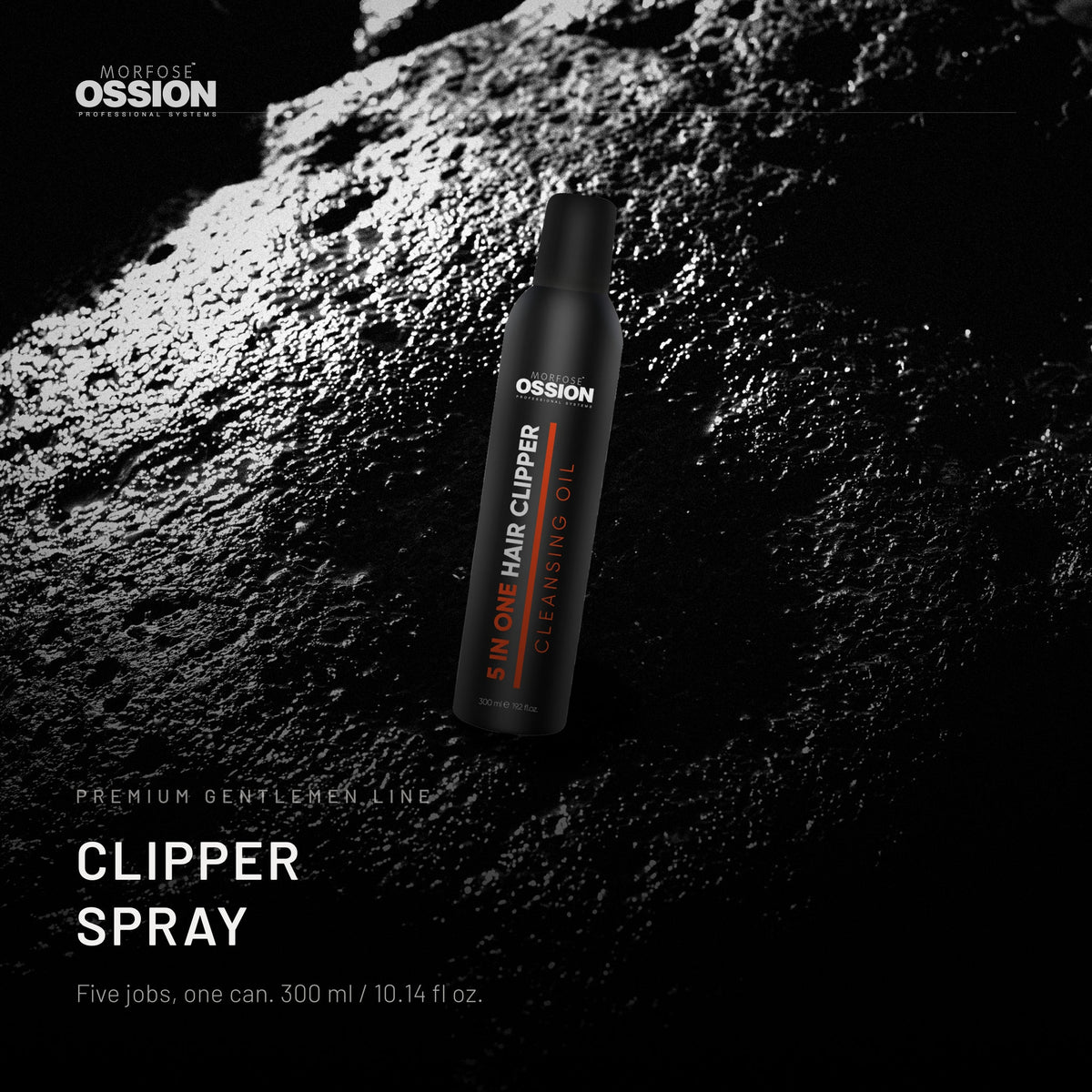 Ossion Clipper Spray can on wet black stone, lit from one side