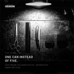 Barber tools laid out on a dark workbench
