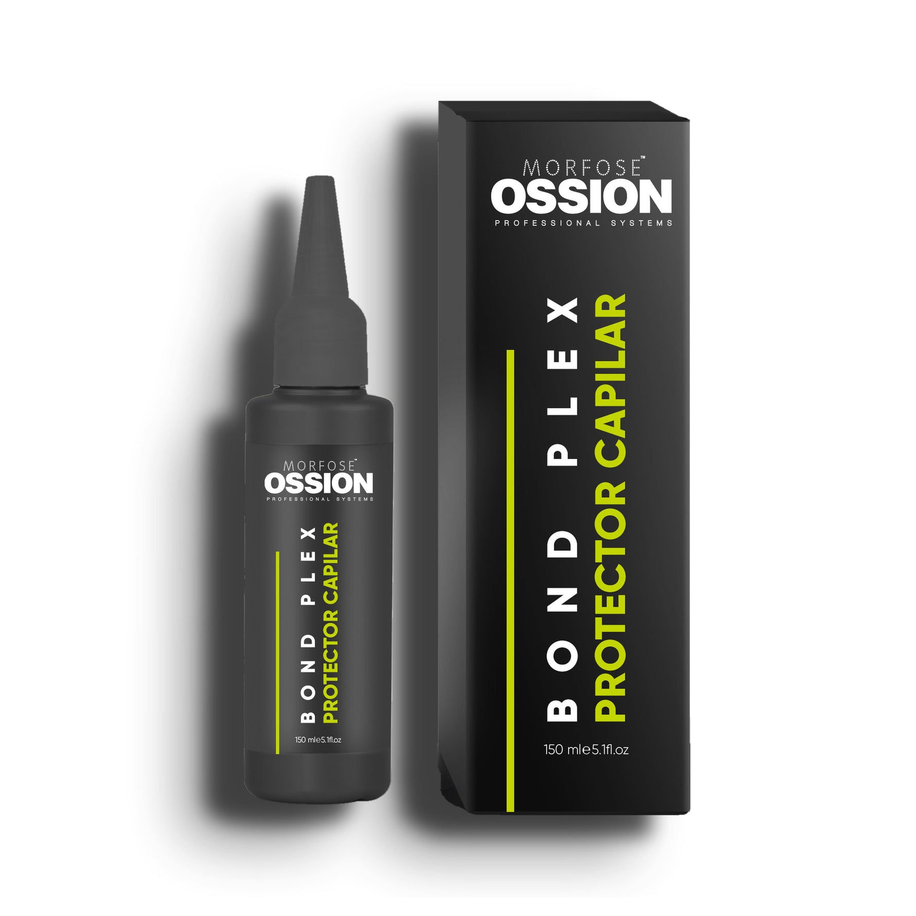 Ossion Bond Plex bottle with its box, 150 ml, on a white background