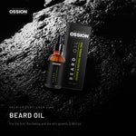 Ossion Beard Oil bottle on wet black stone, lit from one side