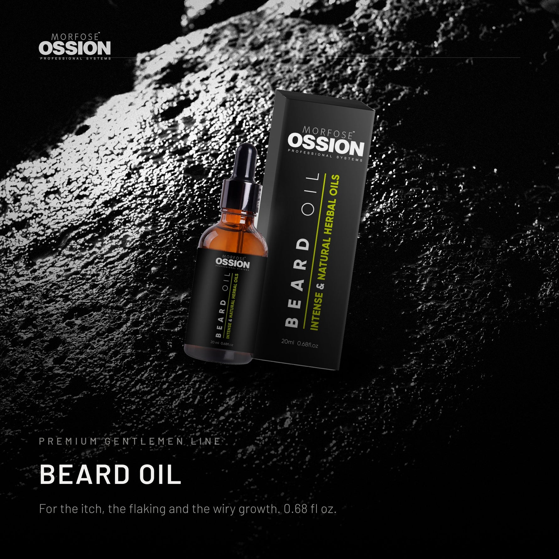 Ossion Beard Oil bottle on wet black stone, lit from one side
