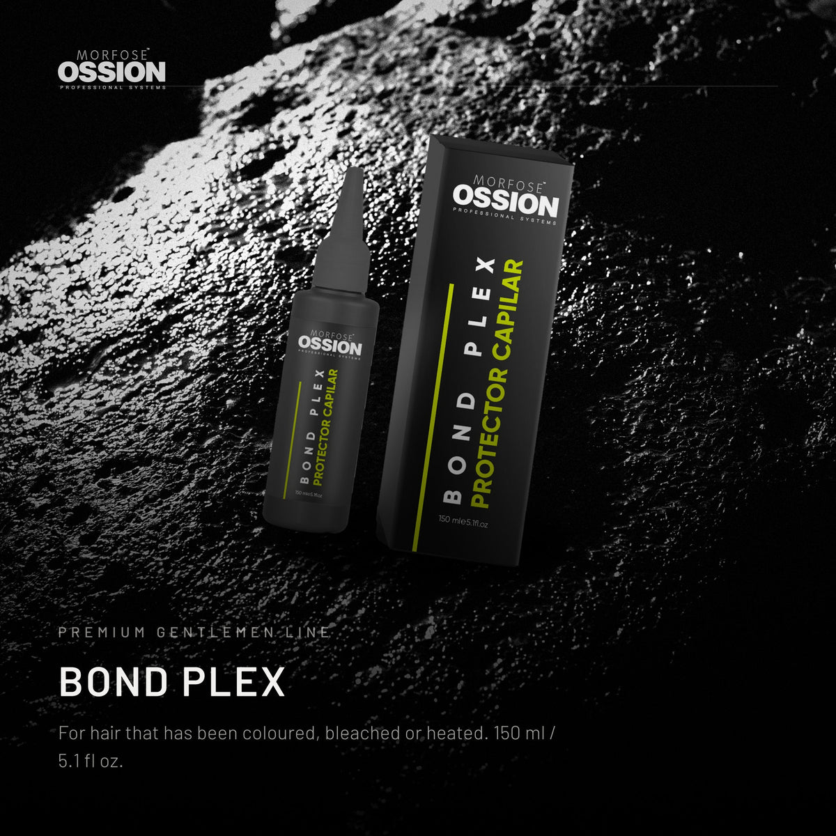 Ossion Bond Plex bottle on wet black stone, lit from one side