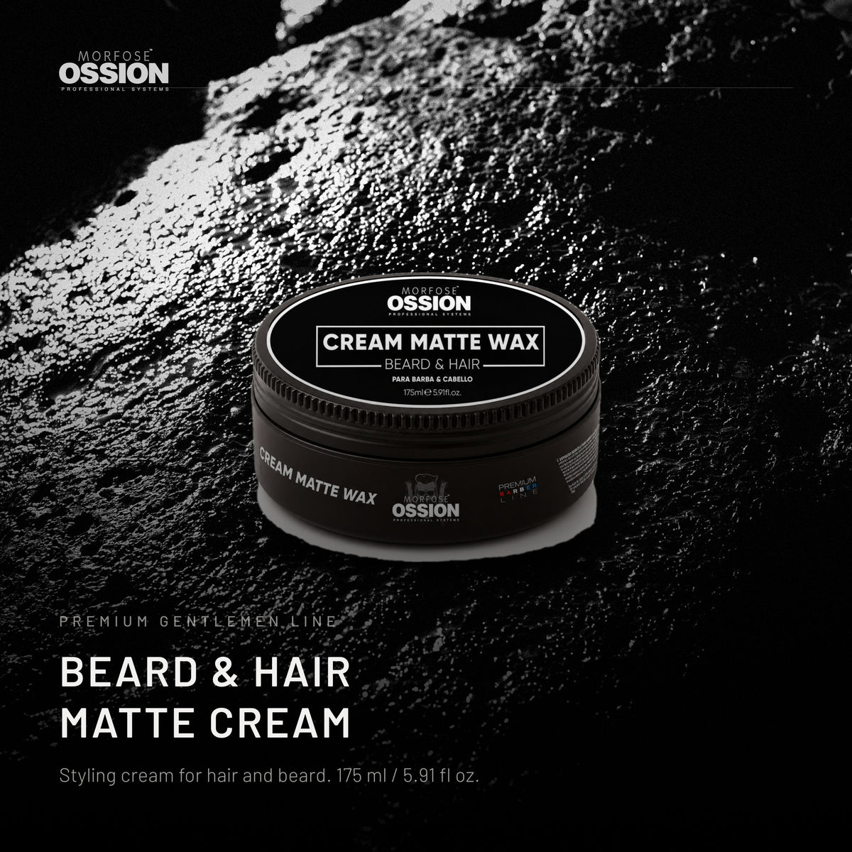 Ossion Beard & Hair Cream tin on wet black stone, lit from one side