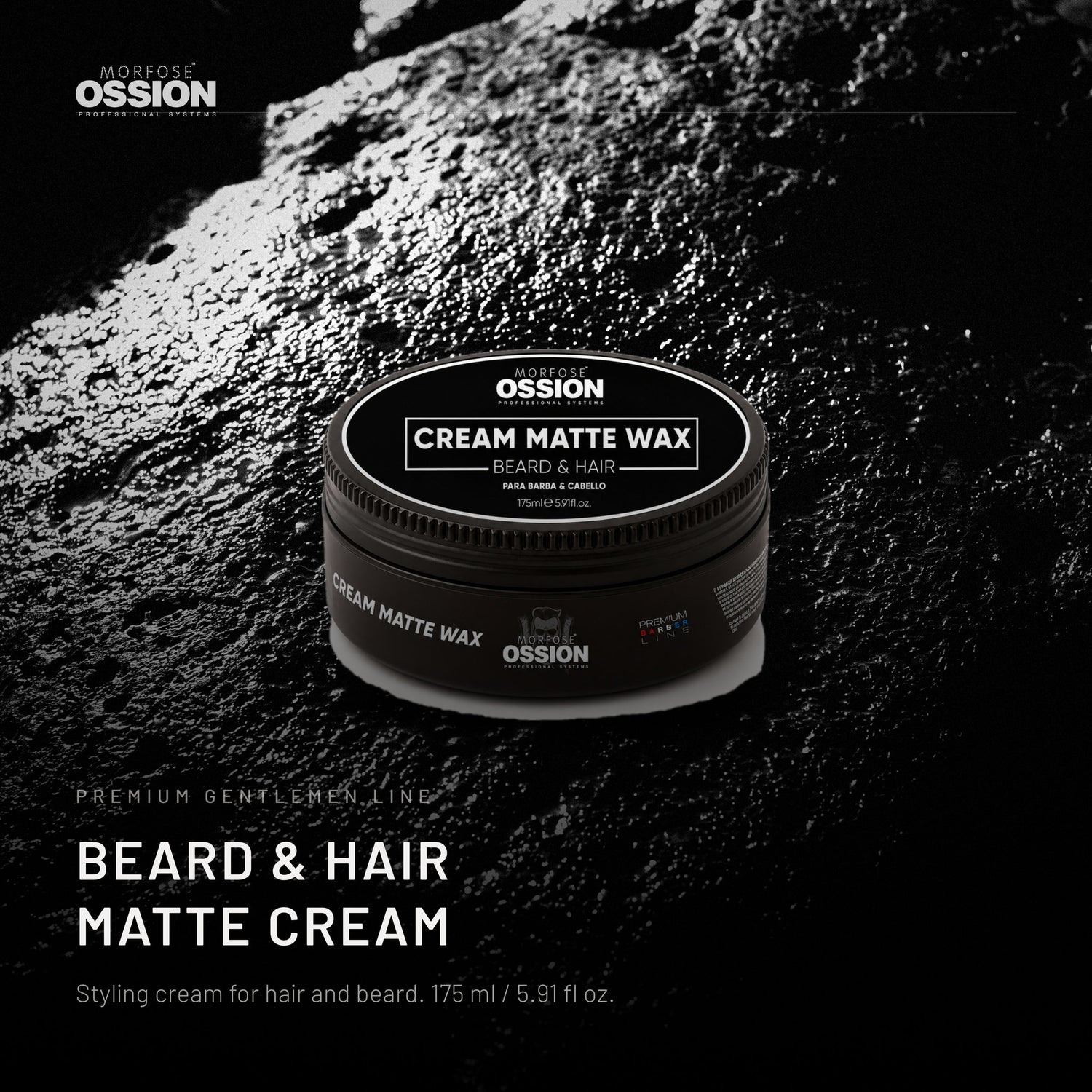 Ossion Beard & Hair Cream tin on wet black stone, lit from one side