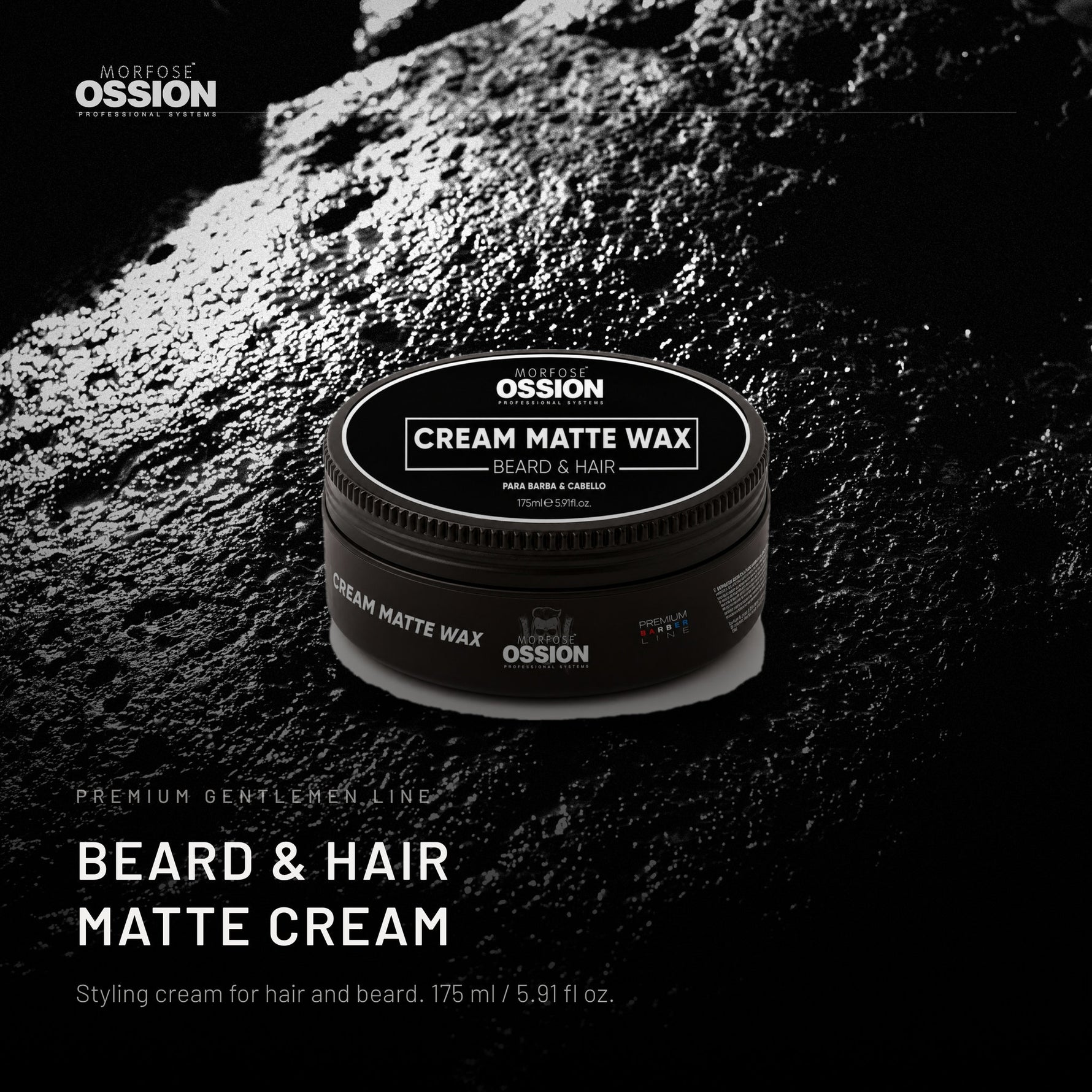 Ossion Beard & Hair Cream tin on wet black stone, lit from one side