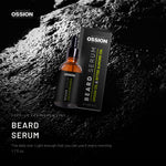 Ossion Beard Serum bottle on wet black stone, lit from one side
