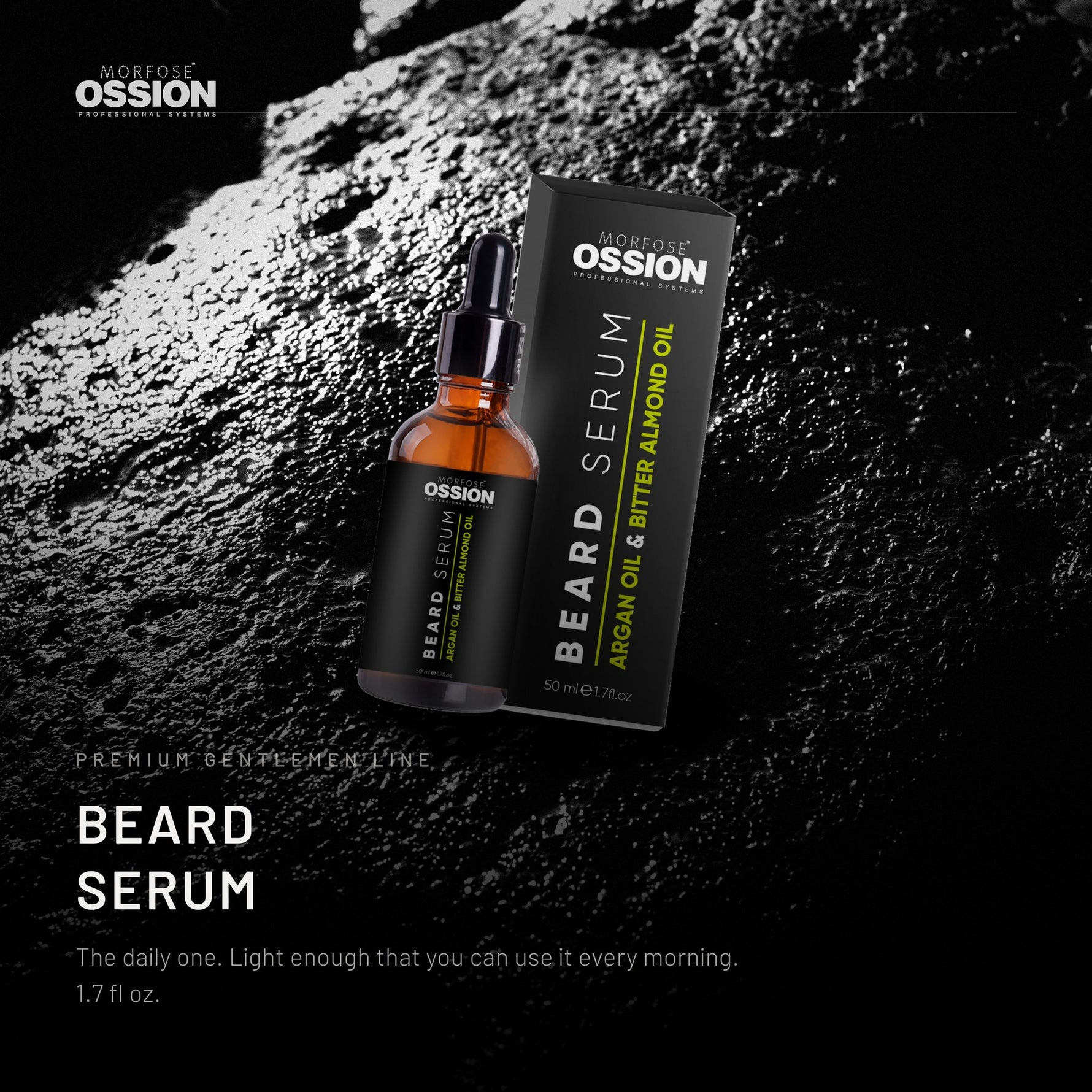 Ossion Beard Serum bottle on wet black stone, lit from one side