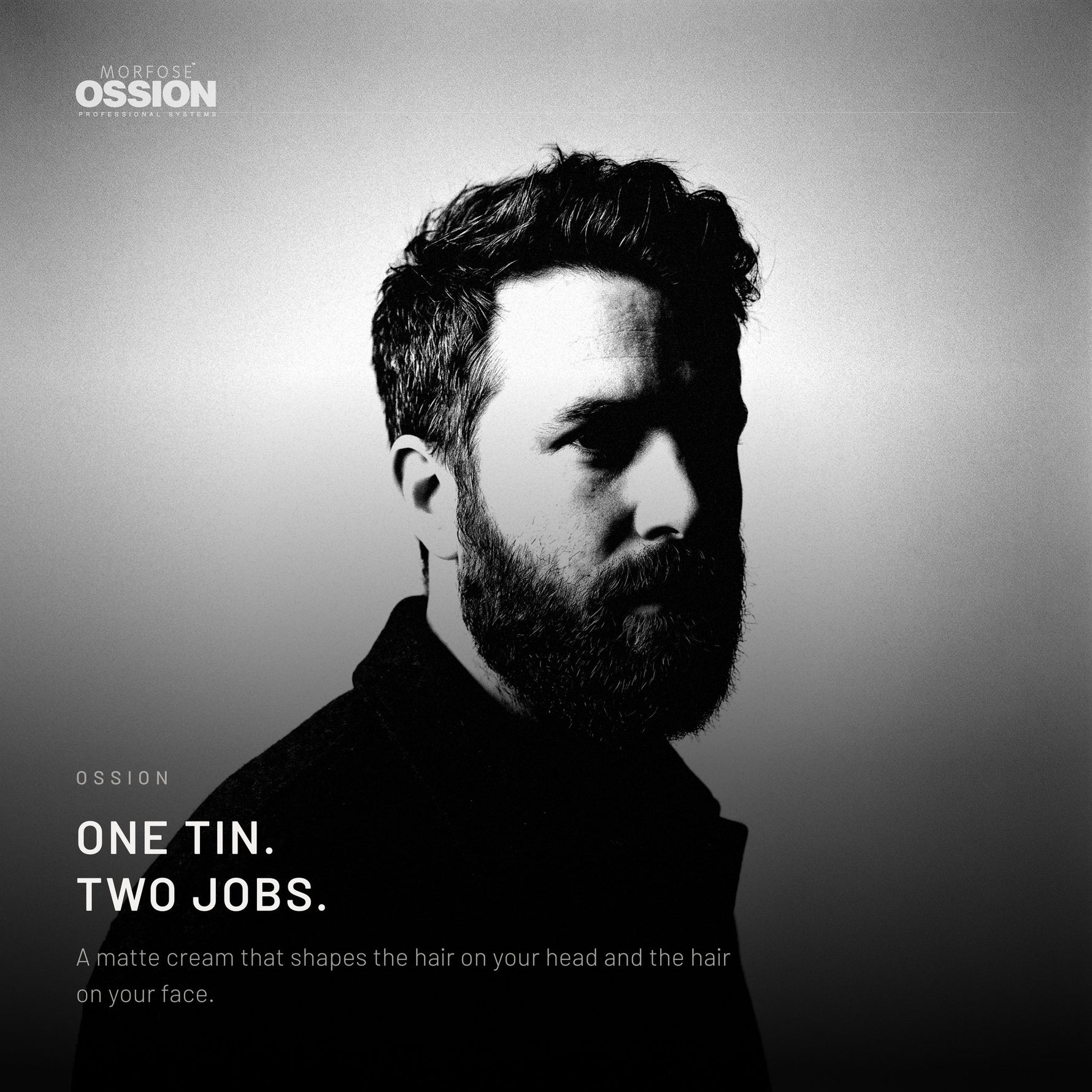 Bearded man with the matte, textured shape Ossion Beard & Hair Cream holds