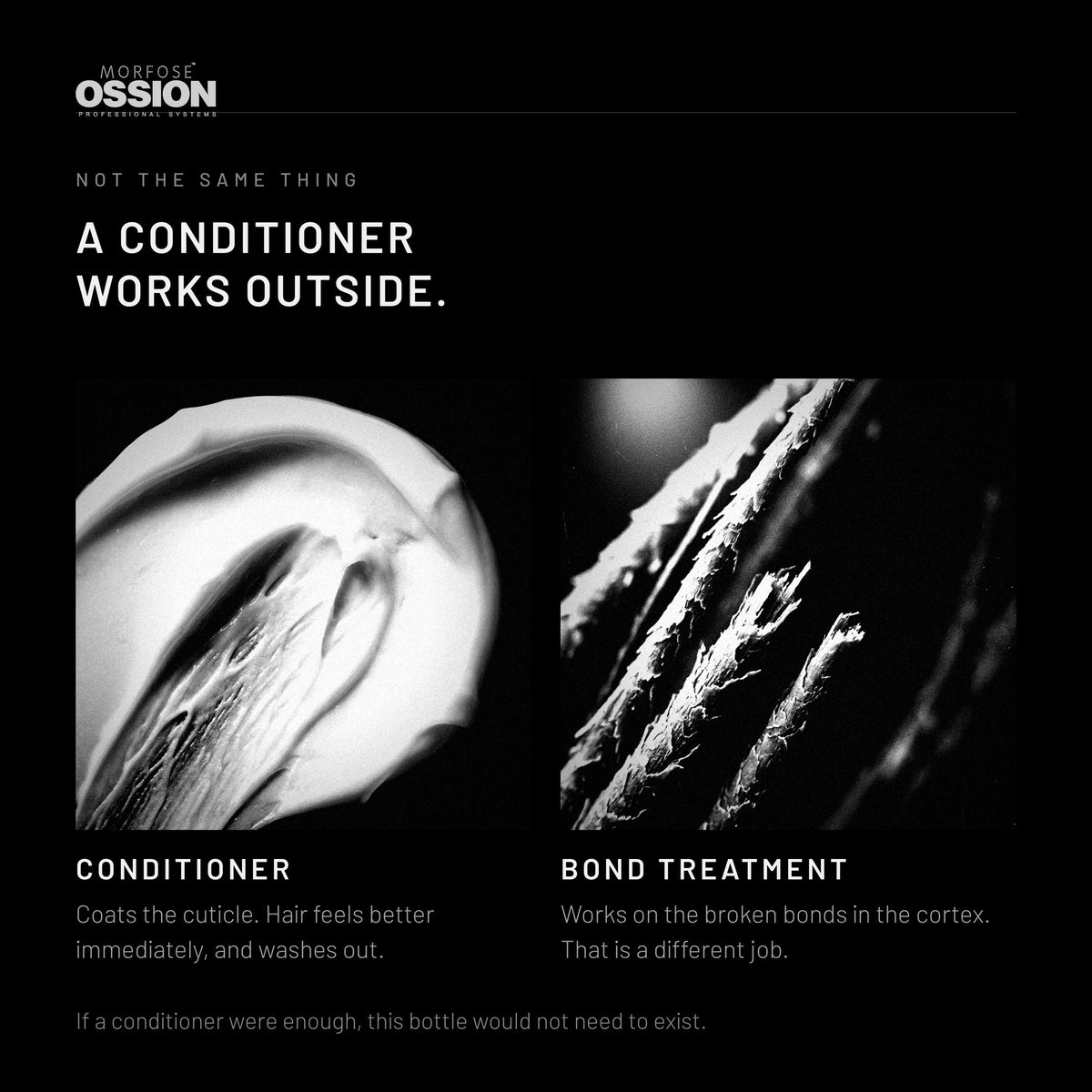 A conditioner coats the cuticle, Ossion Bond Plex works inside the strand