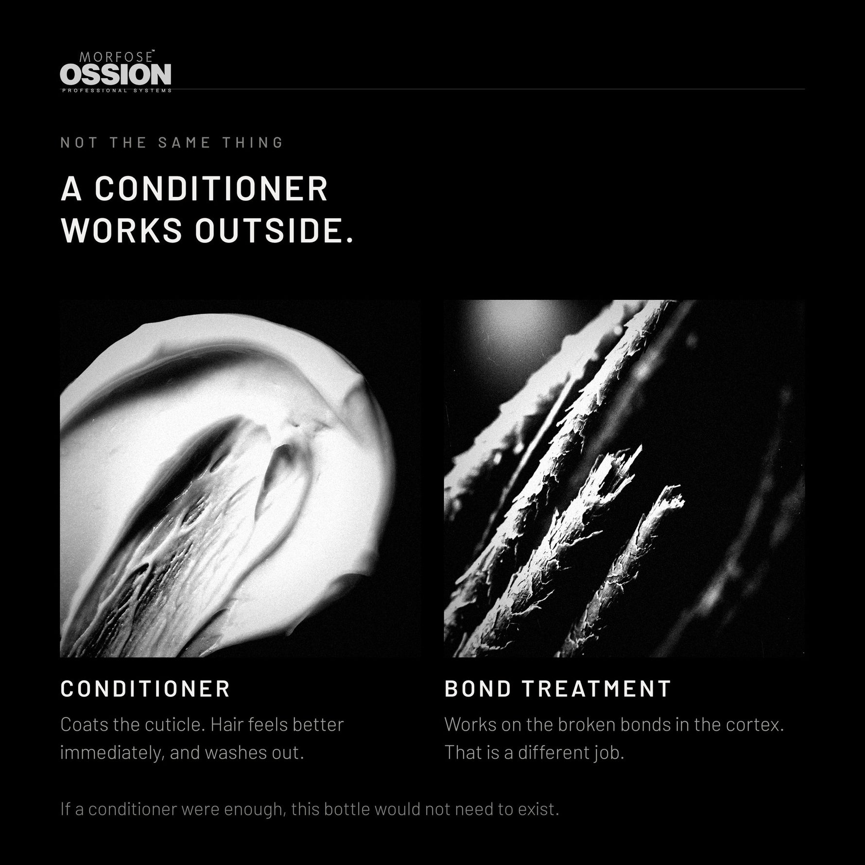 A conditioner coats the cuticle, Ossion Bond Plex works inside the strand
