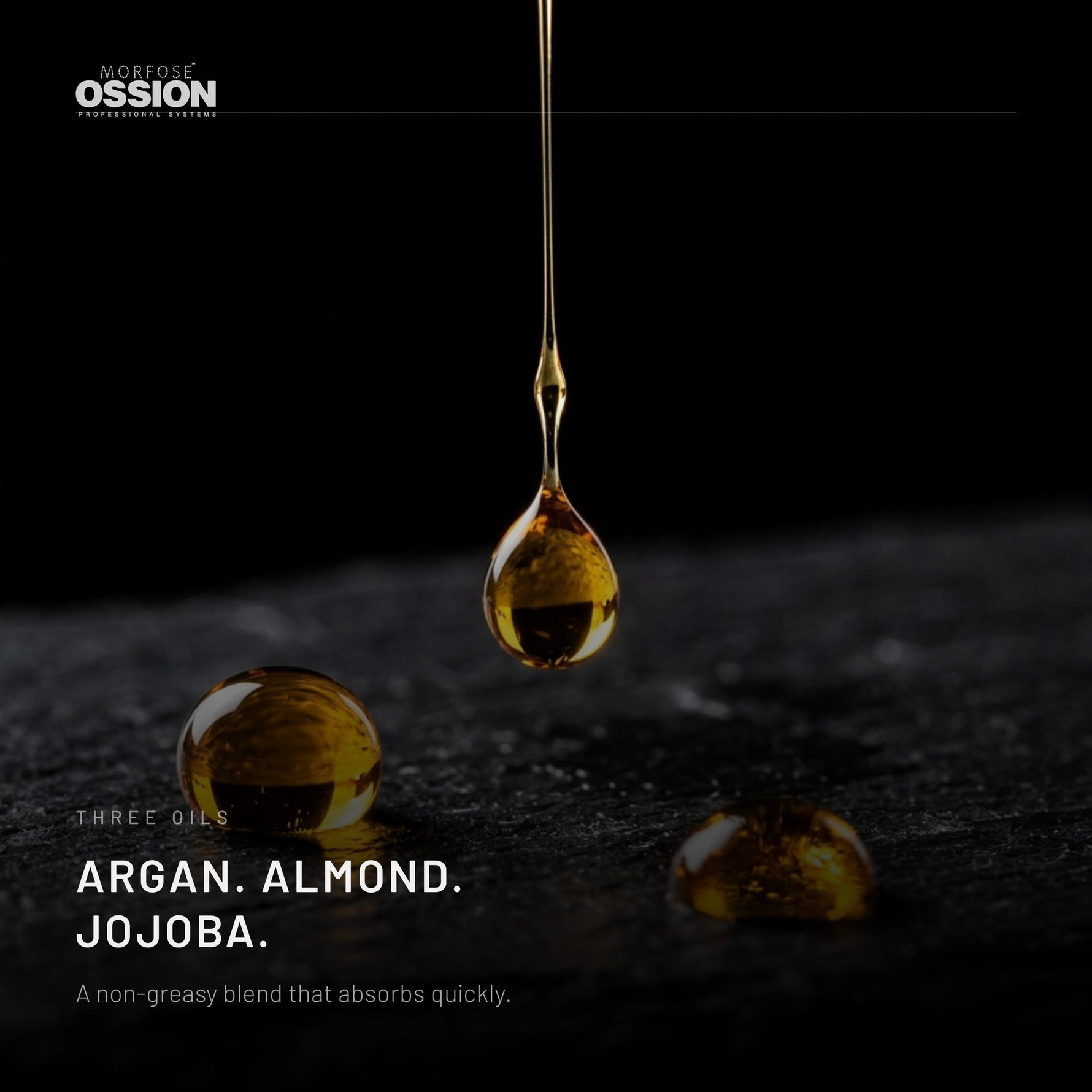 Golden drops of Ossion Beard Oil on a dark surface
