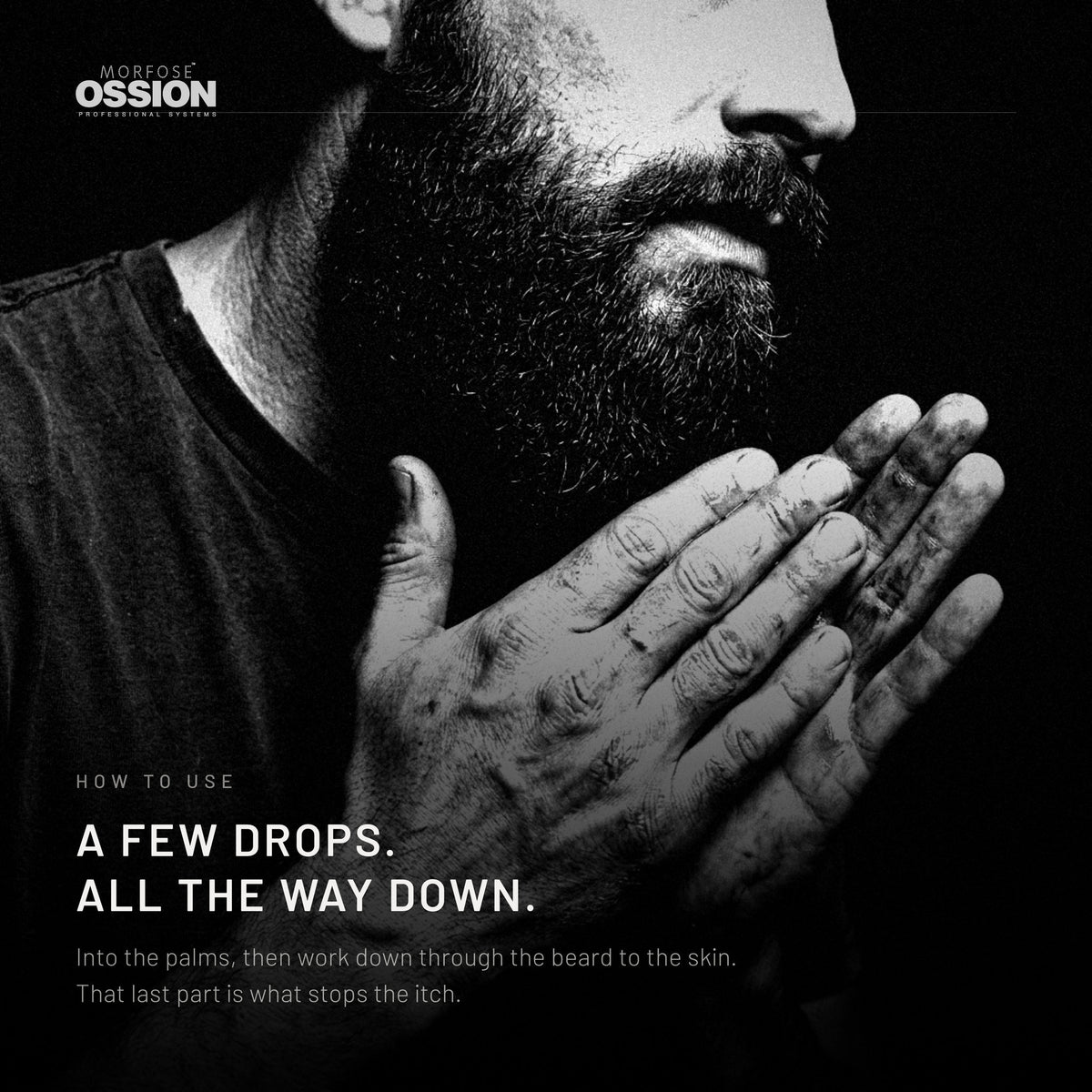 Hands rubbing Ossion Beard Oil before working it into a beard