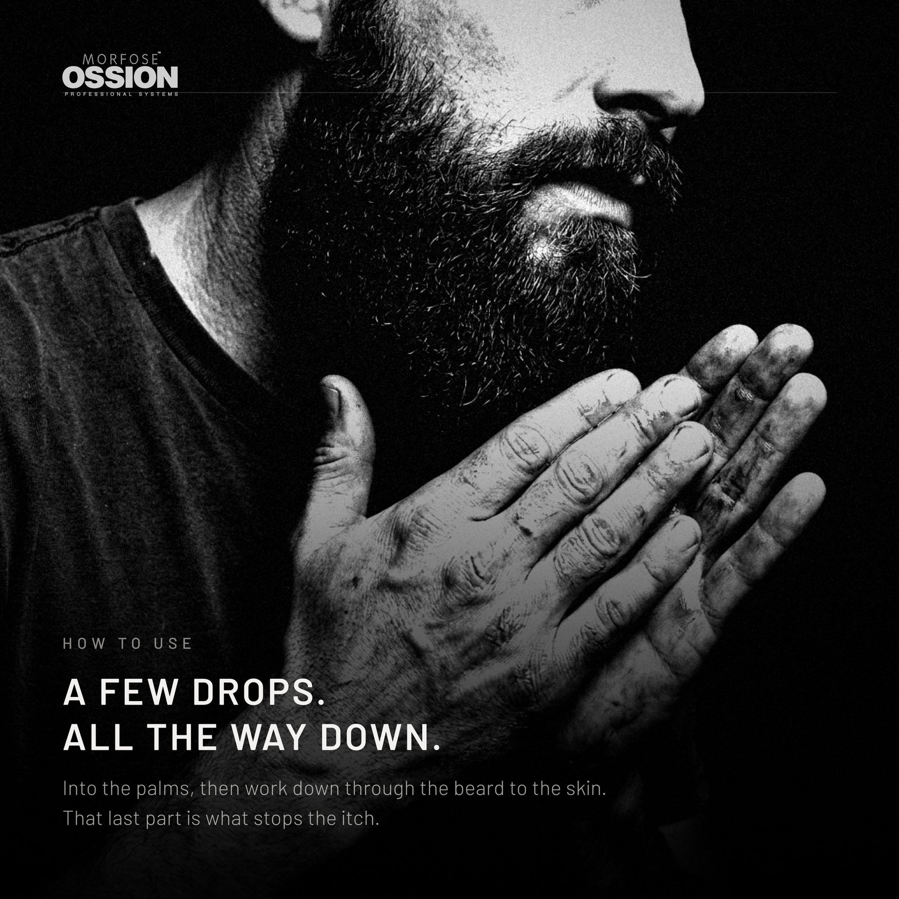 Hands rubbing Ossion Beard Oil before working it into a beard
