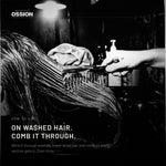 A wide-tooth comb drawn through hair coated in Bond Plex at the backwash
