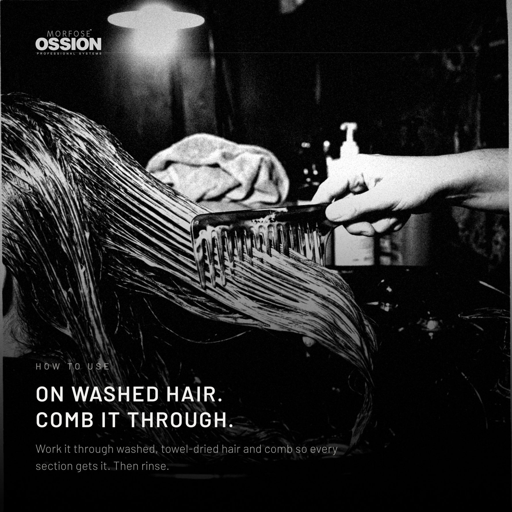 A wide-tooth comb drawn through hair coated in Bond Plex at the backwash